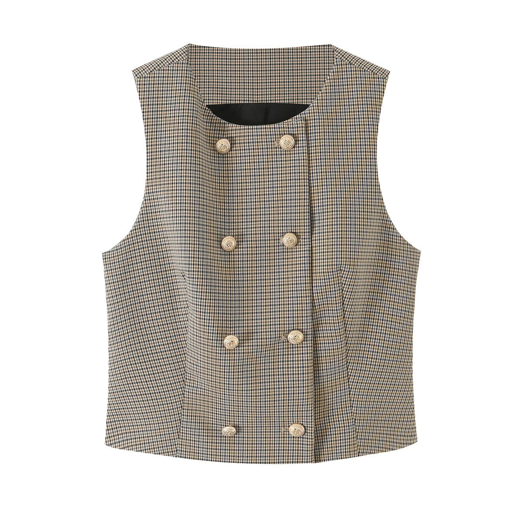 Double breasted sleeveless plaid vest+long pants set for women