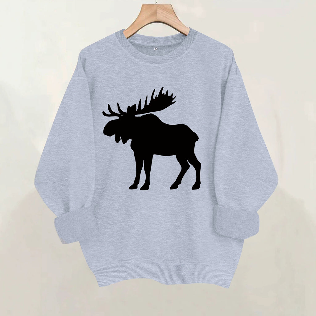 Deer head print round neck fleece hoodie