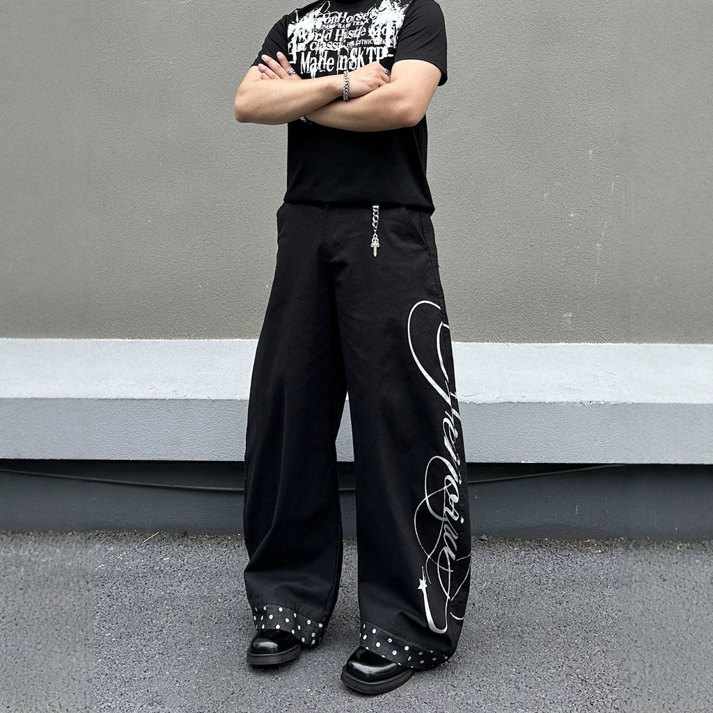 Street Style Black Patchwork Polka Dot Print Men's Loose Wide-Leg Jeans, Cool Casual Flared Denim Pants
