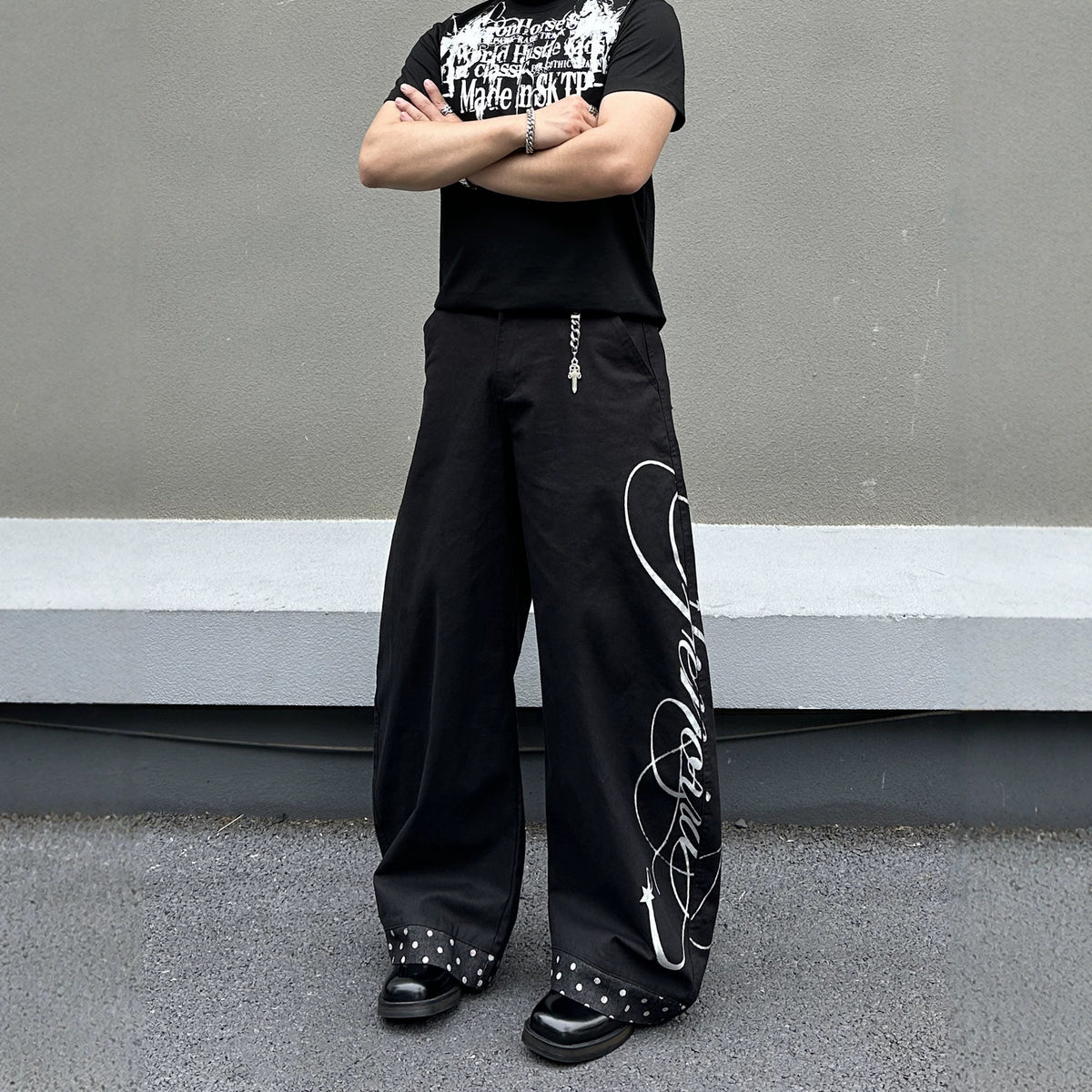 Street Style Black Patchwork Polka Dot Print Men's Loose Wide-Leg Jeans, Cool Casual Flared Denim Pants