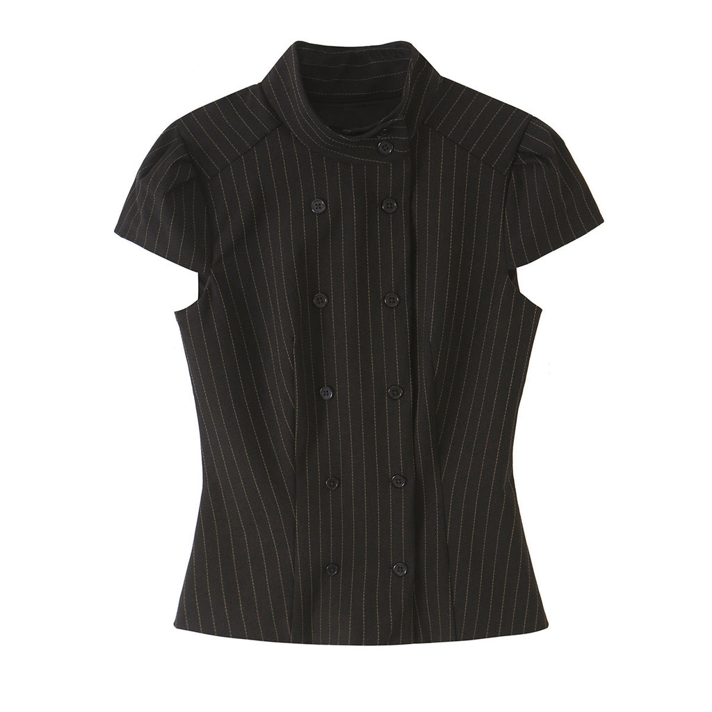 Striped stand up collar top+pants set for women