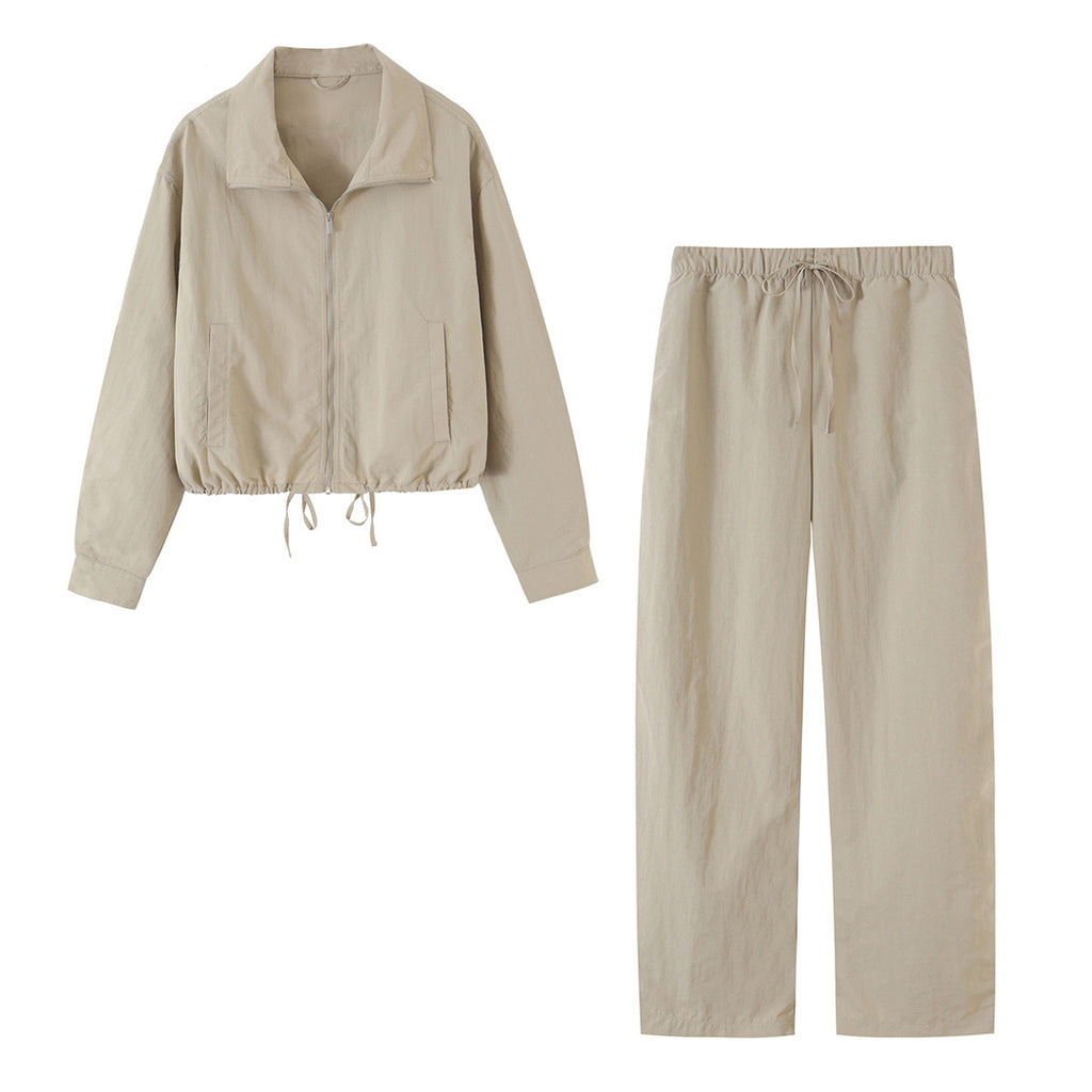 Drawstring tied jacket with hem and pants set for women