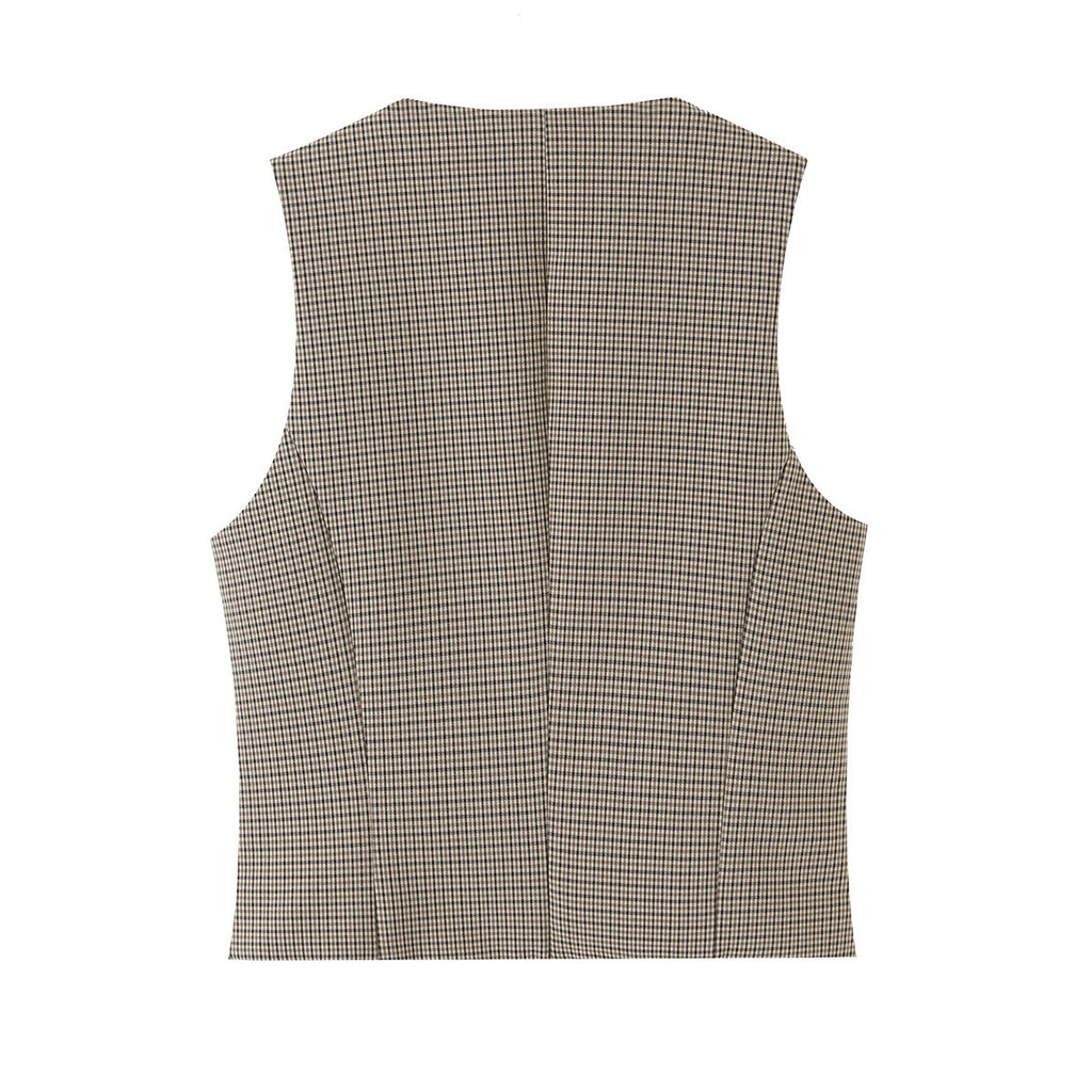 Double breasted sleeveless plaid vest+long pants set for women