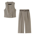Double breasted sleeveless plaid vest+long pants set for women