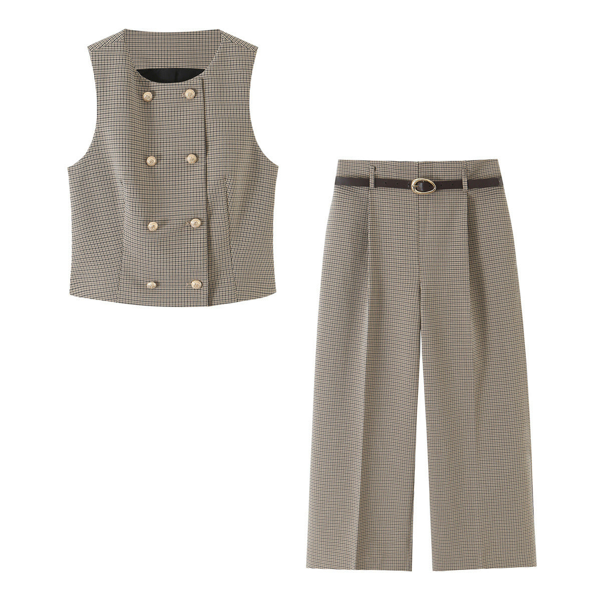 Double breasted sleeveless plaid vest+long pants set for women