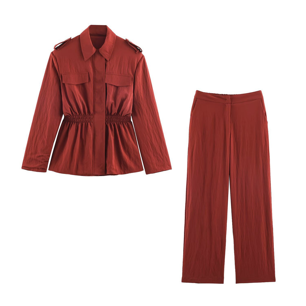 Loose fitting waist belt with shoulder pads jacket+pants set for women