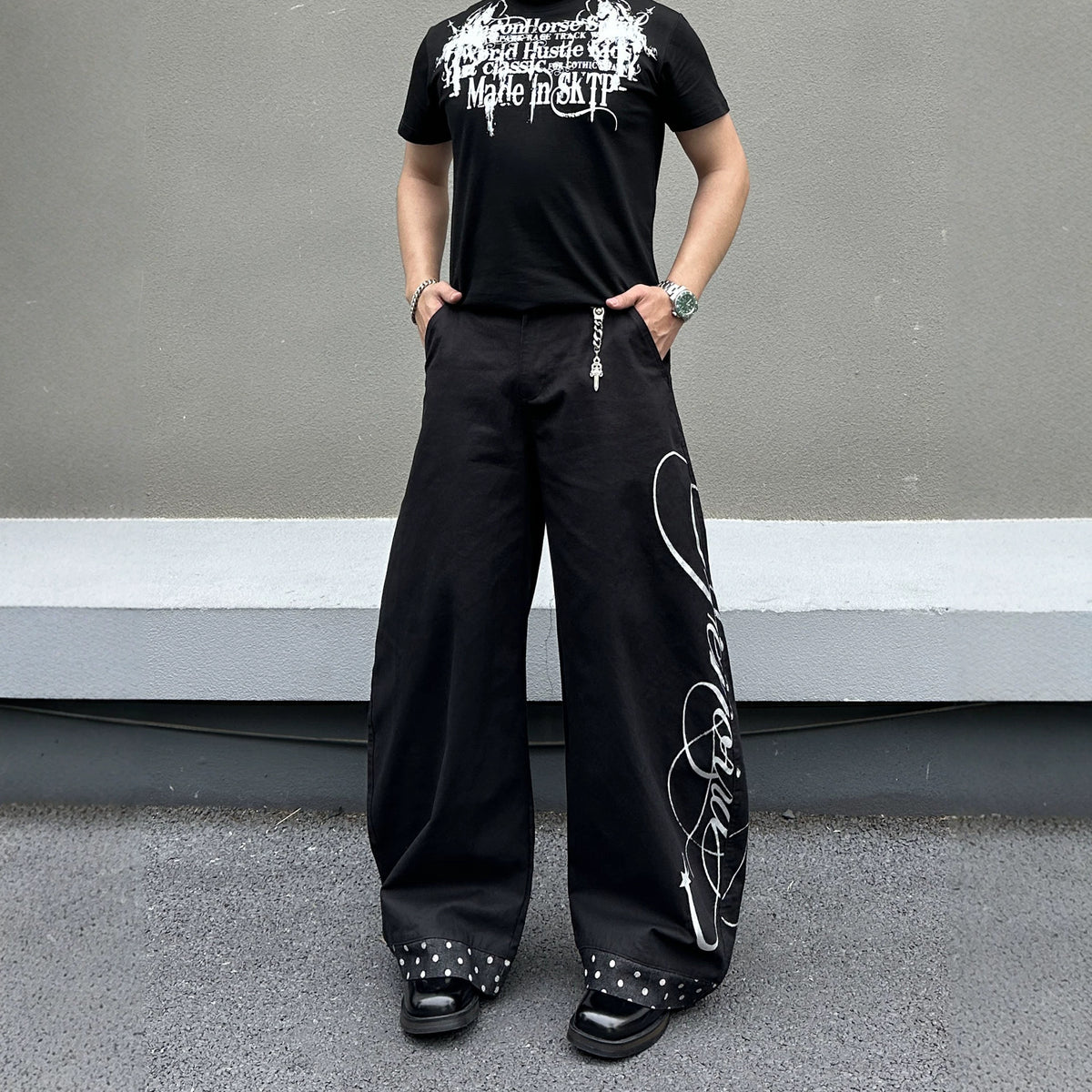 Street Style Black Patchwork Polka Dot Print Men's Loose Wide-Leg Jeans, Cool Casual Flared Denim Pants
