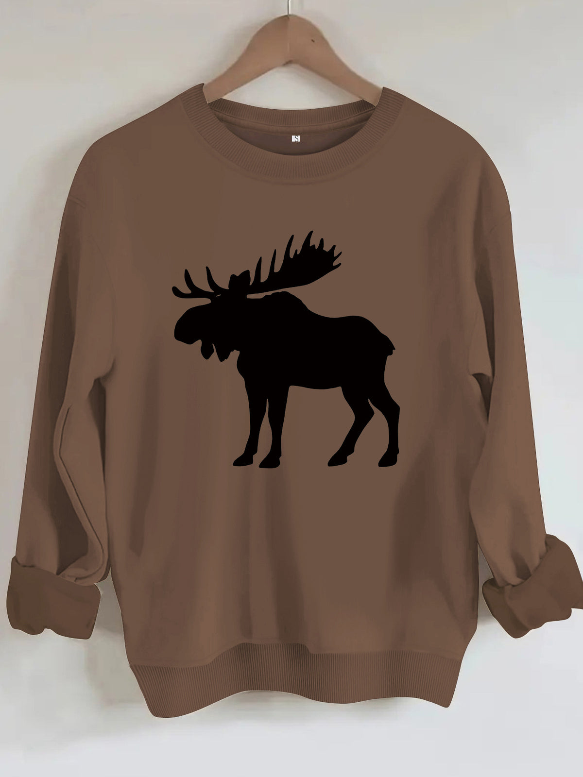 Deer head print round neck fleece hoodie
