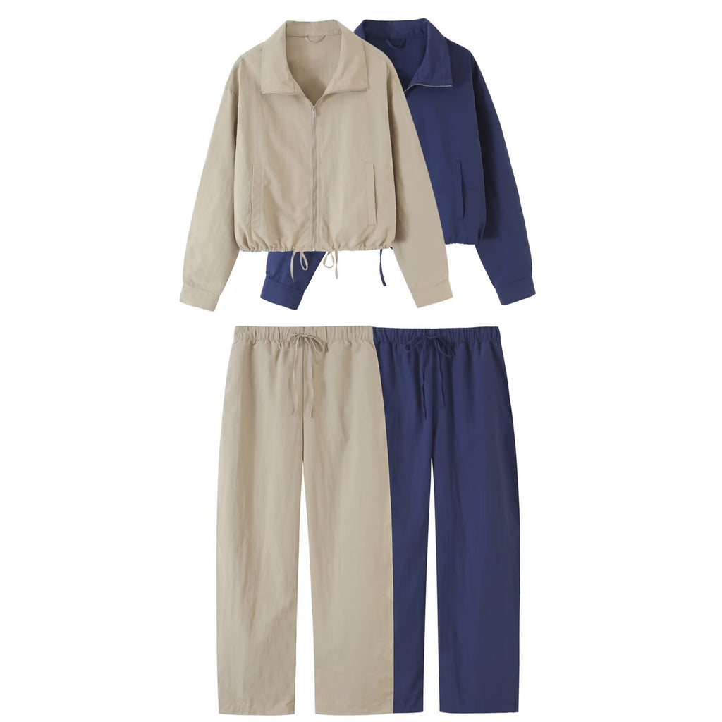 Drawstring tied jacket with hem and pants set for women