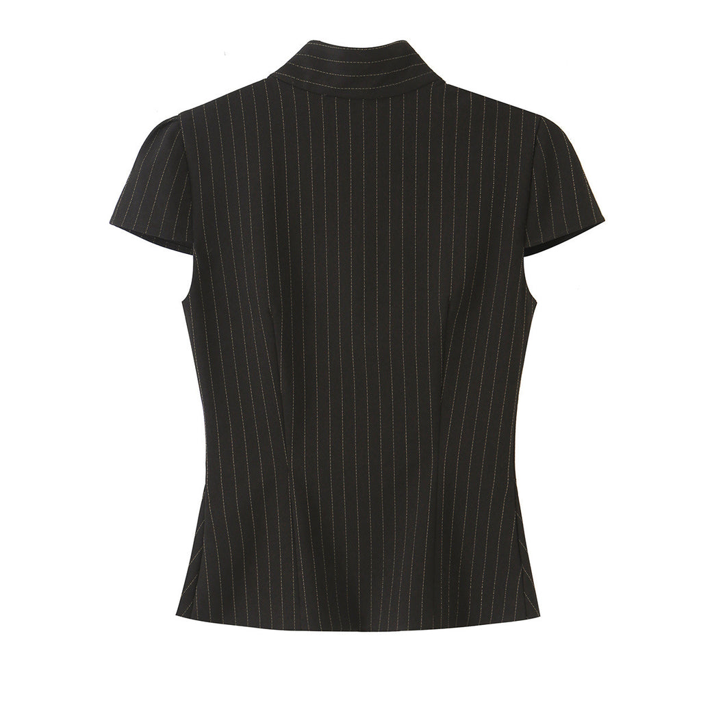 Striped stand up collar top+pants set for women
