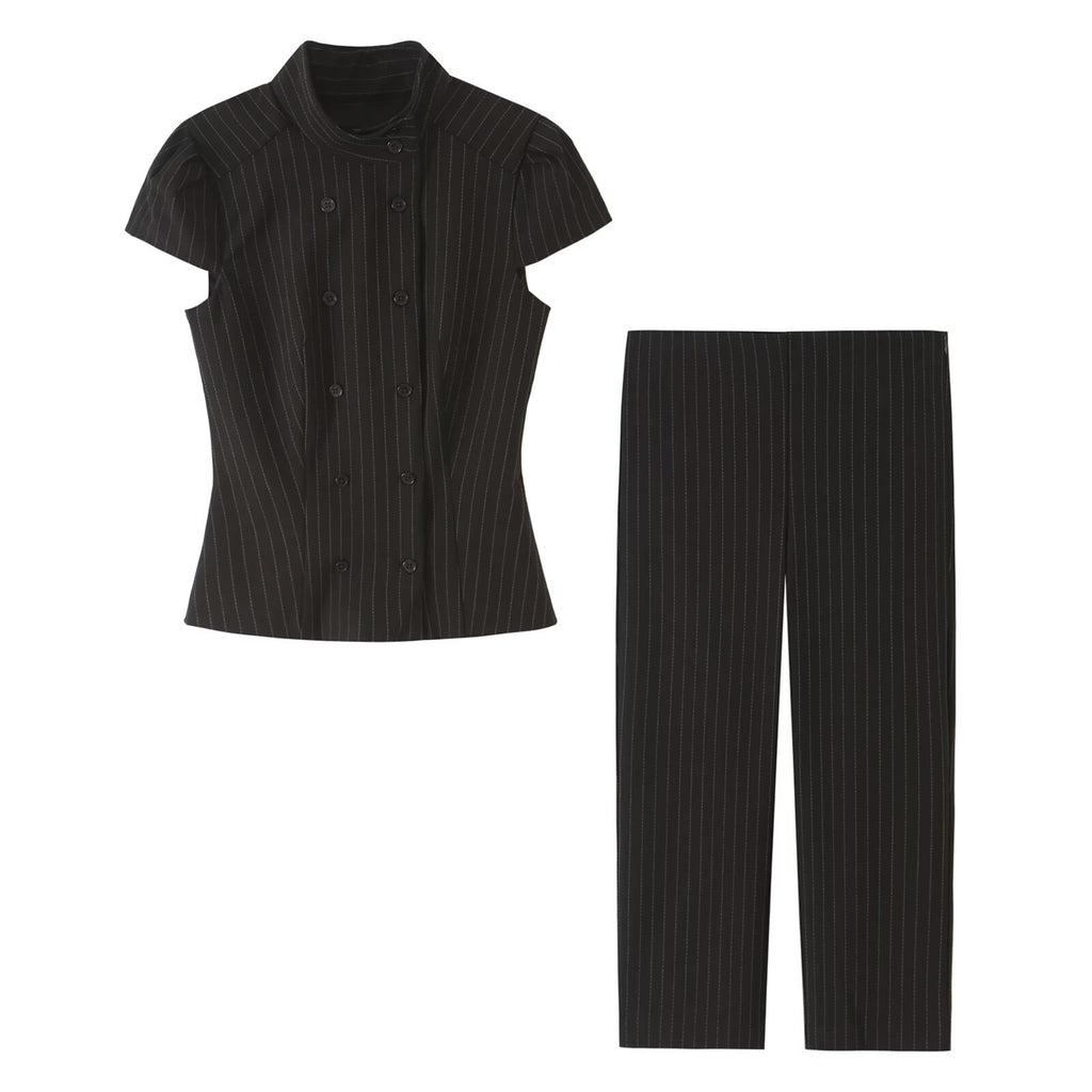 Striped stand up collar top+pants set for women