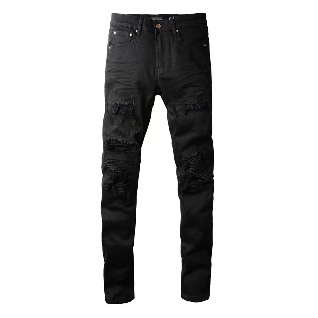 Men's Slim Fit Stretch Black Distressed Patch Vintage Jeans